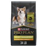 Purina Pro Plan Weight Management bag front showing 34 lb packaging and weight-friendly formula