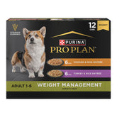 Purina Pro Plan Weight Management Chicken Rice Entree in Gravy can, high-protein meal for adult dogs.