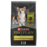 Purina Pro Plan Weight Management bag front showing real chicken and weight-conscious nutrition