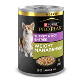 Purina Pro Plan Weight Management Turkey and Rice Entree in Gravy cans supports weight maintenance.
