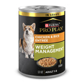 Purina Pro Plan Weight Management wet dog food with real chicken and rice in cans for weight control