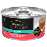 Purina Pro Plan wet kitten can with salmon entree supports growth.