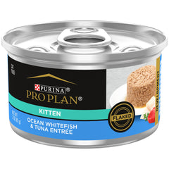 Purina Pro Plan Wet Kitten Ocean Whitefish and Tuna entree can, protein-rich flavor.