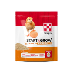 Purina Start and Grow bag front showing reliable chick feed for healthy growth.