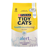 Purina Tidy Cats Tidy Care Alert crystals in a litter bag showing color-change indicators for health awareness.