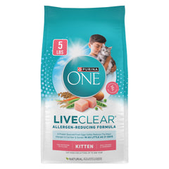 Purina ONE LiveClear kitten food bowl closeup showing flavorful kibble for kittens.