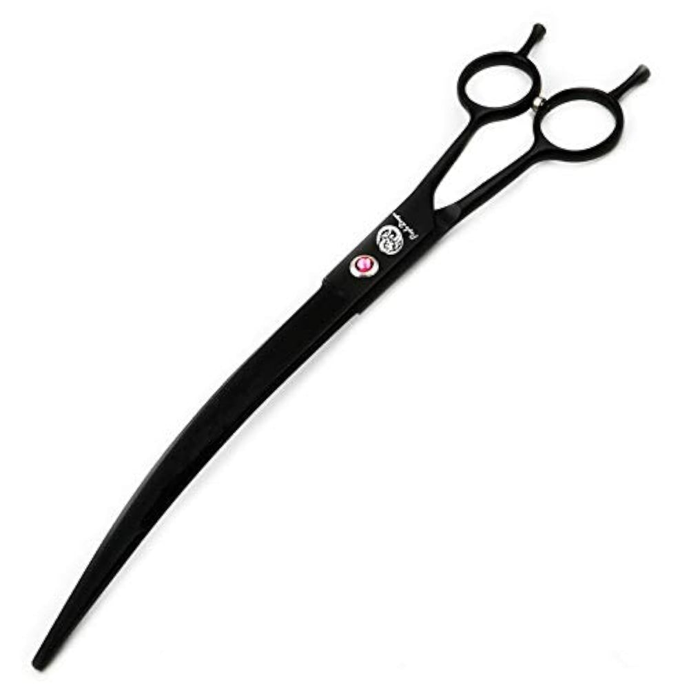 Purple Dragon 9-inch downward-curved-blade scissors for precise pet grooming.