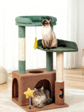 Purrlato 31-inch cat tower with olive-green plush perch for lounging.