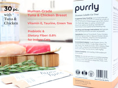 Purrly Grain Free Cat Snack Pack on display emphasizing clean ingredients