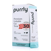 Purrly lickable treat pouch closeup with premium ingredients and aroma.