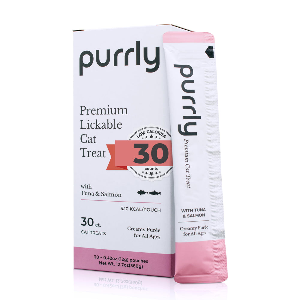 Purrly Squeezable Treats tuna-salmon puree enhances cat protein and flavor.