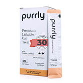 Purrly Treat Topper label highlights premium protein and clean ingredients for discerning indoor cats.