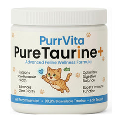 PurrVita Taurine for Cats tub label on shelf, highlighting purity and potency