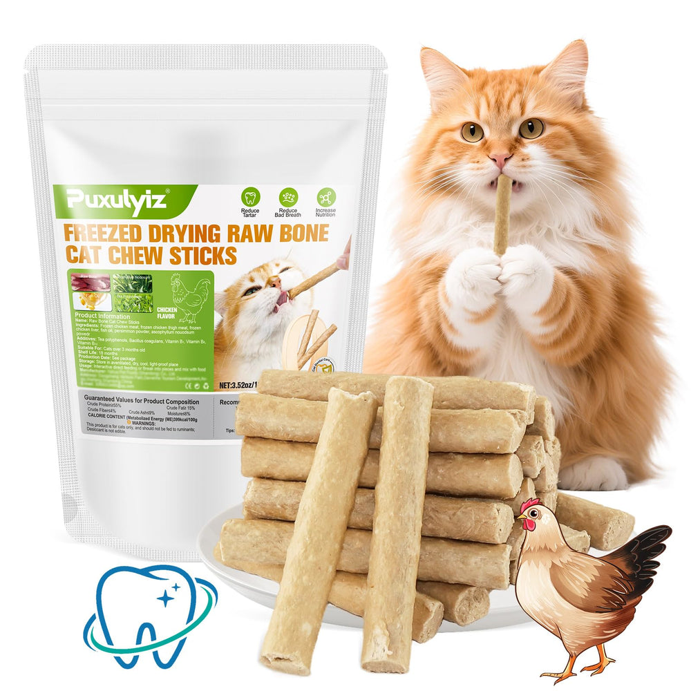 Puxulyiz freezed-dried cat chews in packaging for convenient daily dental routines.