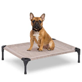 PVY elevated dog bed outdoors with 32x25 grey frame highlighting airflow