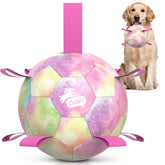 QDAN rainbow 8inch dog ball close-up showing durable PU for safe play