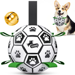 QDAN dog soccer ball with bell inside rolls with a playful sound for indoor fun.