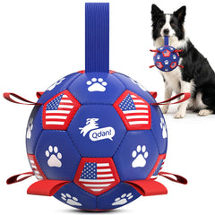 QDAN dog soccer ball with straps is ready for fetch and water play.