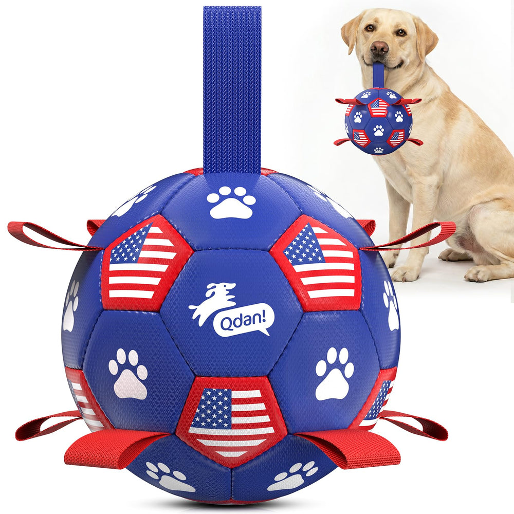 QDAN dog soccer ball with straps 8 inch for fetch and retrieval outdoors.