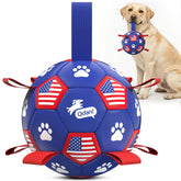 QDAN dog soccer ball with straps 8 inch for fetch and retrieval outdoors.