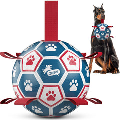 QDAN dog soccer ball with straps, front view, durable for fetch and water play