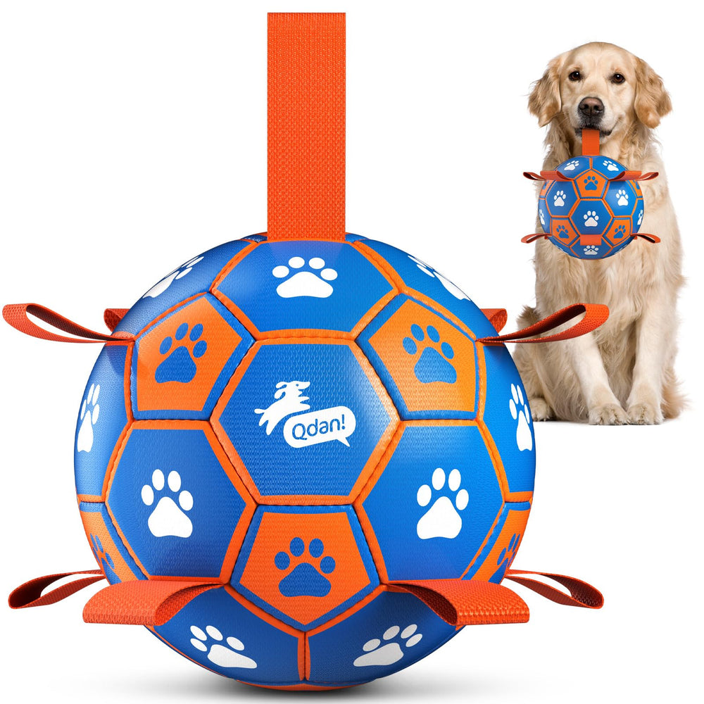 QDAN rope-toy soccer ball front view in blue-orange, ideal for fetch and tug.