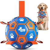 QDAN rope-toy soccer ball front view in blue-orange, ideal for fetch and tug.