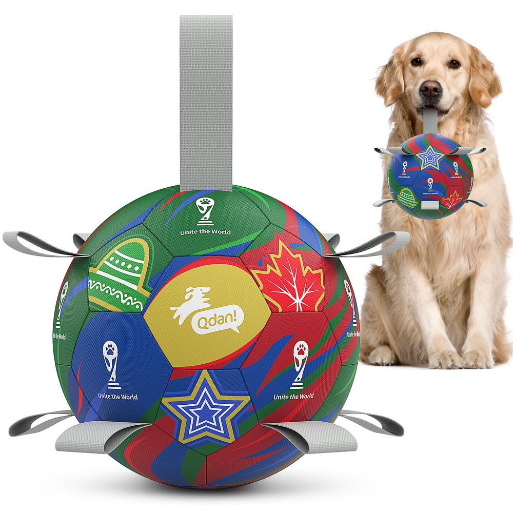 QDAN dog soccer ball with straps showcases World Cup design for engaging fetch