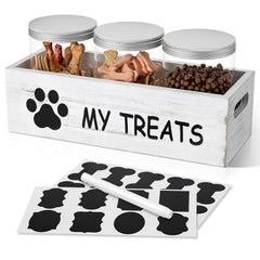 Qeerable dog treat container on countertop with three jars for organized snacks.