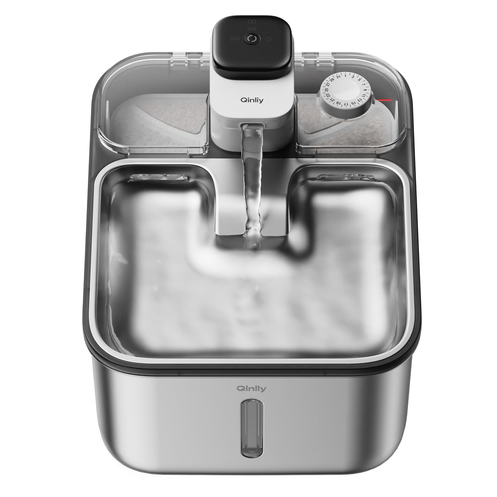 Qinliy stainless steel cat water fountain front view showing sleek design and spill-free placement.