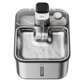 Qinliy stainless steel cat water fountain front view showing sleek design and spill-free placement.