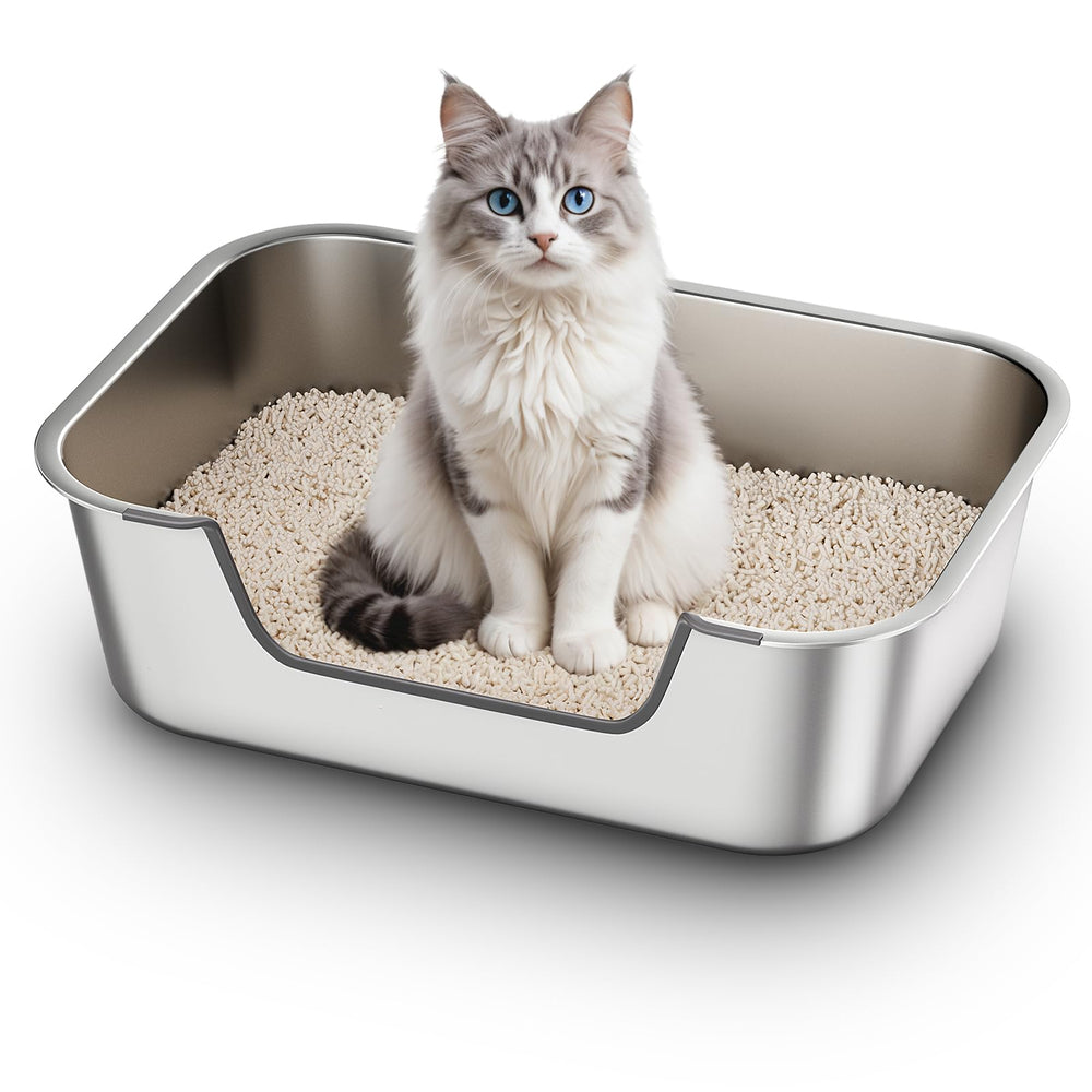 Qiuma stainless steel cat litter box with low entry for easy kitten access and mess reduction.
