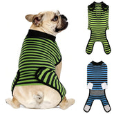 QUEARN dog recovery suit blue stripes close-up showing breathable fabric and comfort