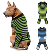 QUEARN recovery suit blue stripe front view demonstrates breathable fabric for gentle post-surgery wear.