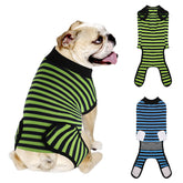 QUEARN two-pack breathable dog recovery suit in blue stripes for post-op wear.
