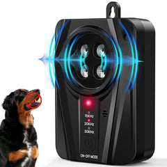 Queenmew dog bark deterrent front view with four ultrasonic transmitters for wide coverage
