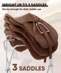 Queension saddle rack with non-slip arms secures English and Western saddles