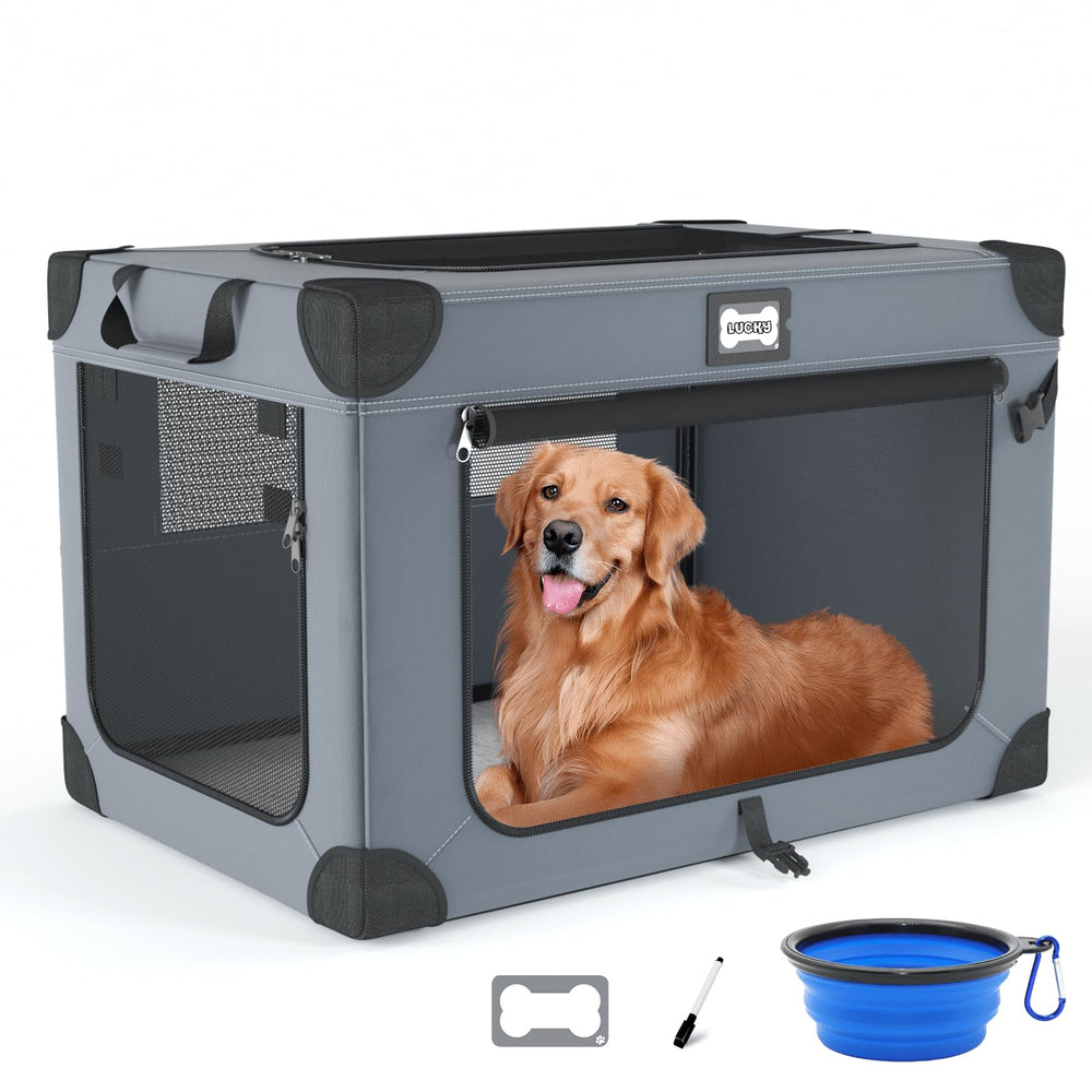 QUIBBLICK 42 Inch Soft Dog Crate with foldable design for easy travel and home setup.