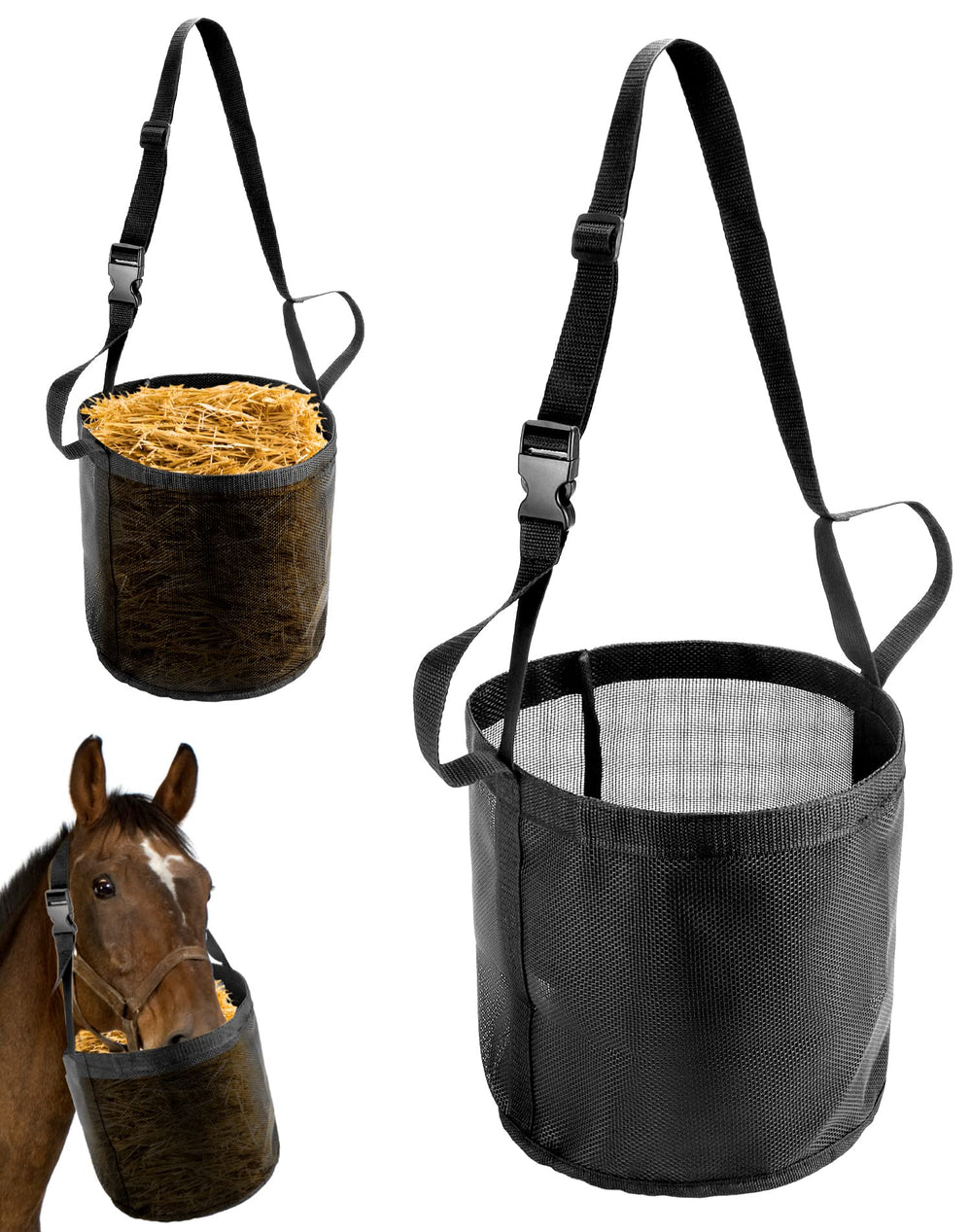 QWORK horse feed bag with adjustable strap for secure feeding on rides.