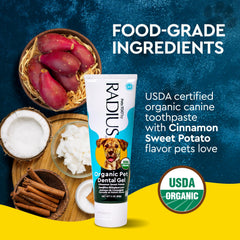 Radius canine toothpaste close-up showing xylitol-free formula for safe use