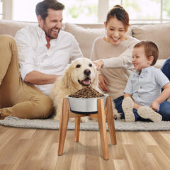 Rainbleland acacia-wood-dog-feeding-station assembled on floor blends with home décor.