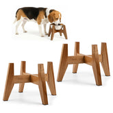 RAINBLELAND elevated dog bowl stand in natural acacia wood supports comfortable dining for small dogs.
