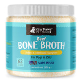 Raw Paws beef bone broth powder on food enhances flavor and nutrition for pets.