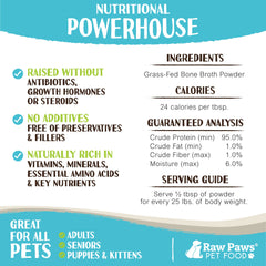 Raw Paws bone broth powder as gravy topper on dry food for meals.