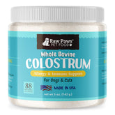 Raw Paws bovine colostrum bottle for dogs shows easy dosing and immune support