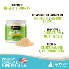 Raw Paws chicken bone broth topping for dog food adds savory richness.