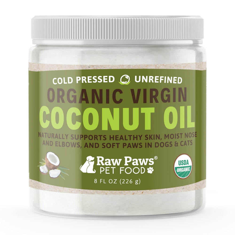 Raw Paws coconut oil for dogs bottle pour for easy skin care.