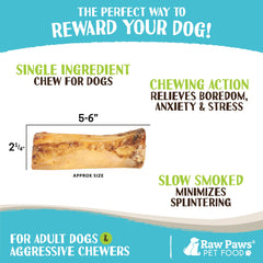 Raw Paws dog chew action shows a dog enjoying the marrow bone snack.