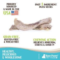 Raw Paws duck necks packaging highlights USA-made, humane sourcing.