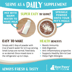 Raw Paws Goat Milk Powder packaging from USA, showing farm origin.